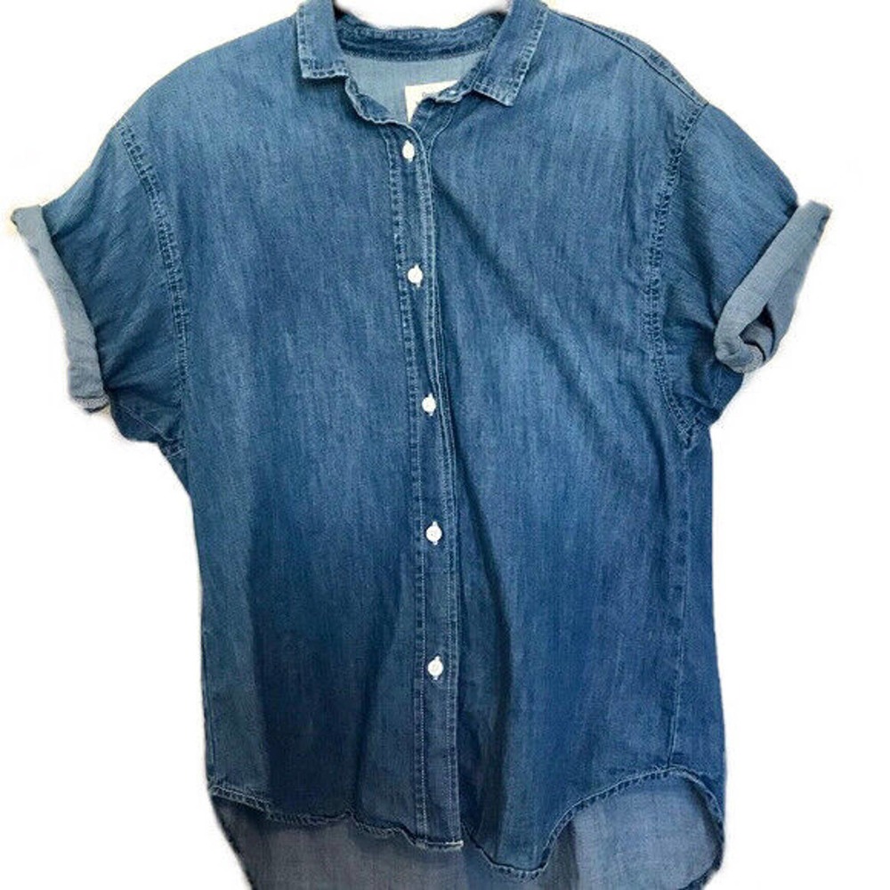 GAP 1969 Cotton Denim Chambray Button-down Shirt Size L Tall Cuffed Cap Sleeve